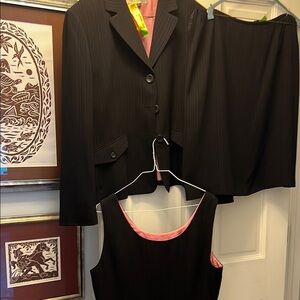 Black Pinstripe Skirt Suit with Pink Lining